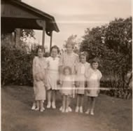 Kathryn Dobratz, Bernadina and Lorraine Gentz, June Westphal, Gladys Westphal, Darlene Dobratz, and Kay Koska at the Section house, circa early 1930s